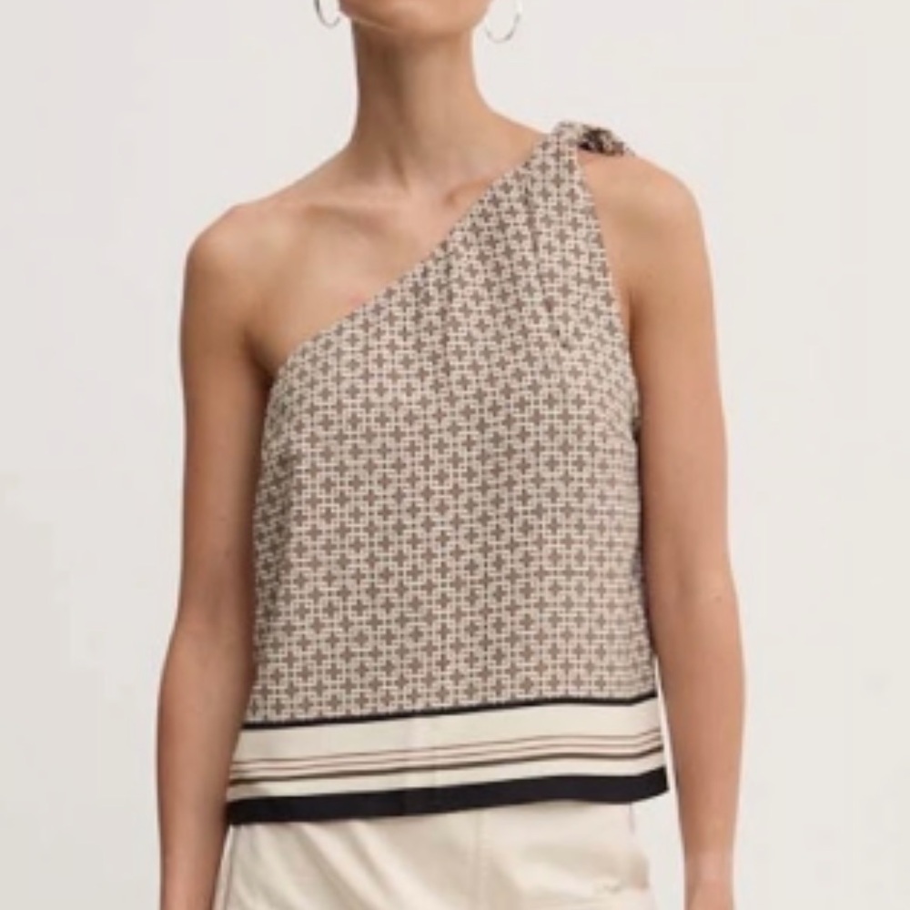 Abercrombie & Fitch Brown Geometric One-Shoulder Satin Blouse